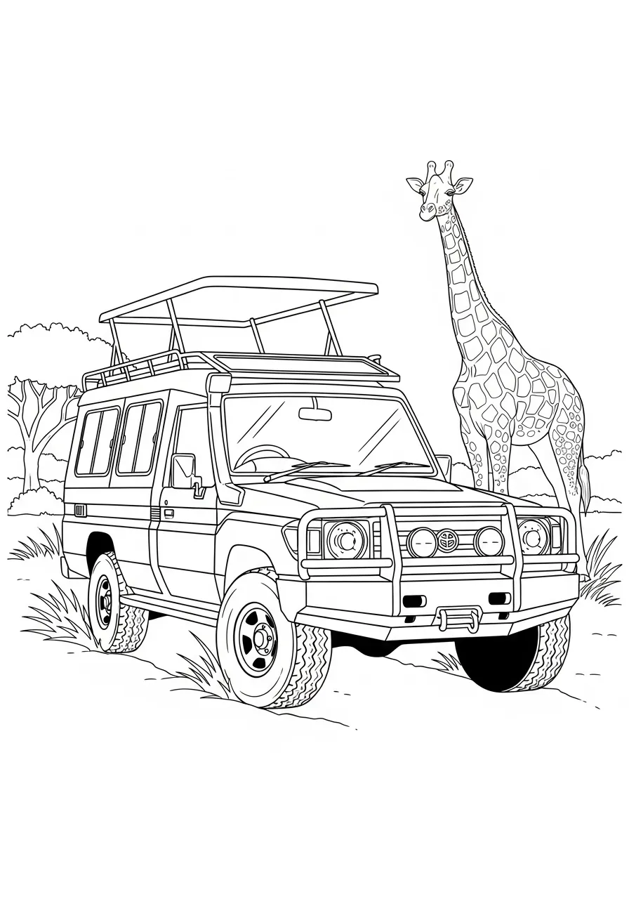 Voiture de safari et girafe