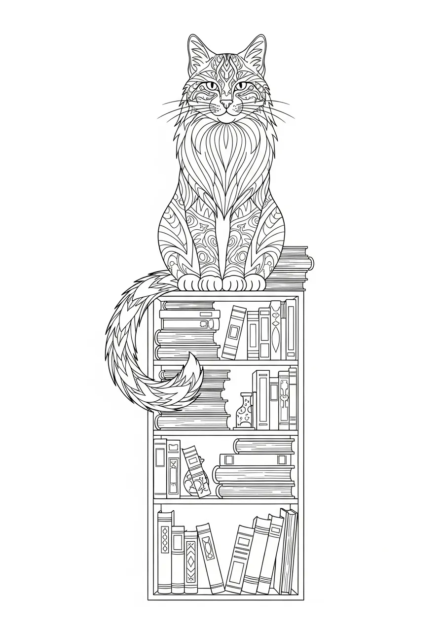 Chat majestueux sur une bibliothèque