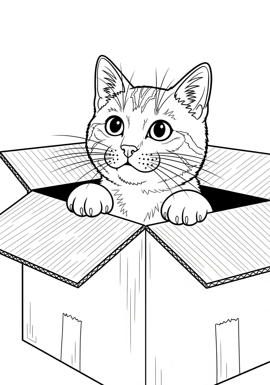 Coloriage chat dans un carton
