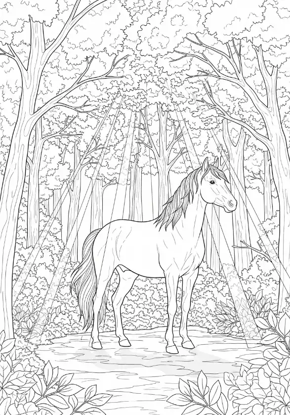 Cheval dans une forêt dense
