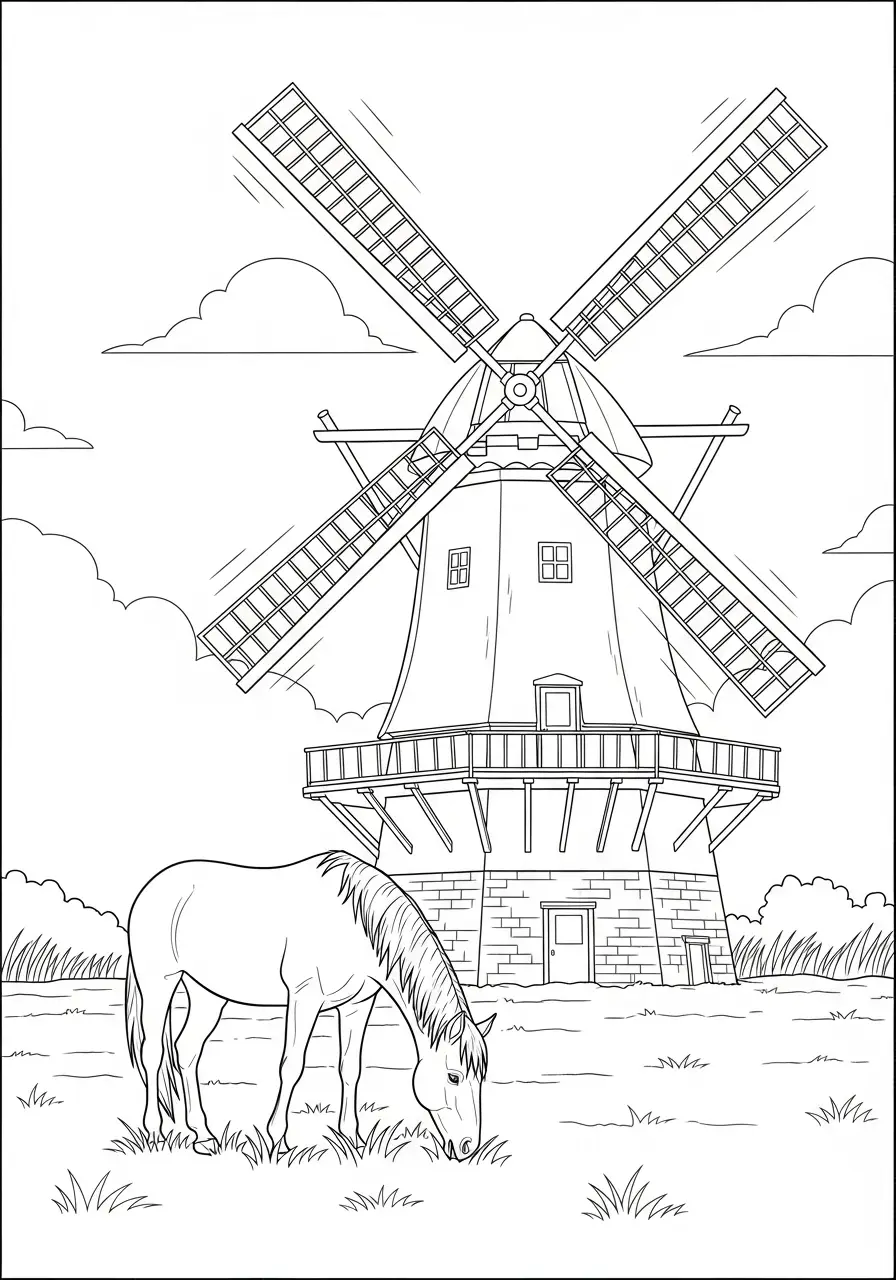 Cheval devant un grand moulin