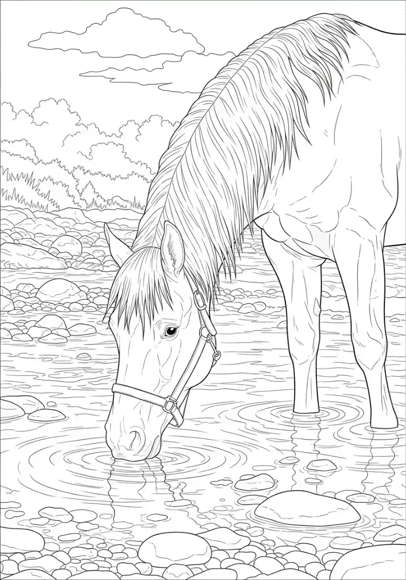 Cheval s'abreuvant au ruisseau