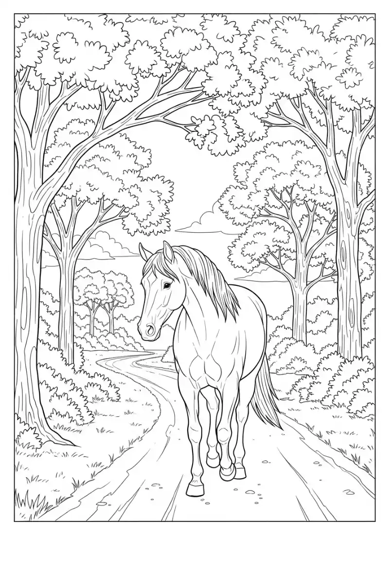 Cheval sur un sentier boisé