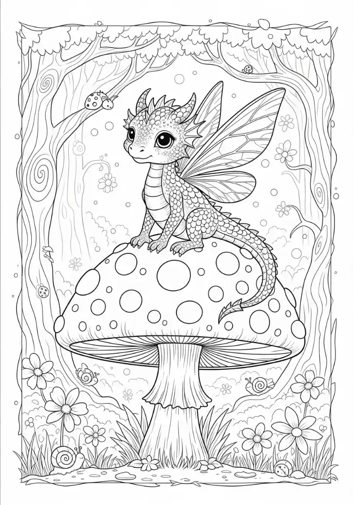 Coloriage dragon sur un champignon
