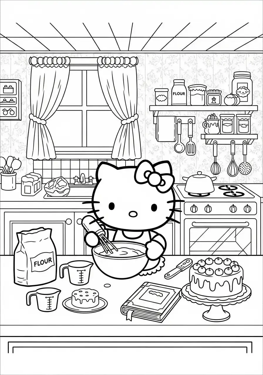 Hello Kitty prépare un gâteau