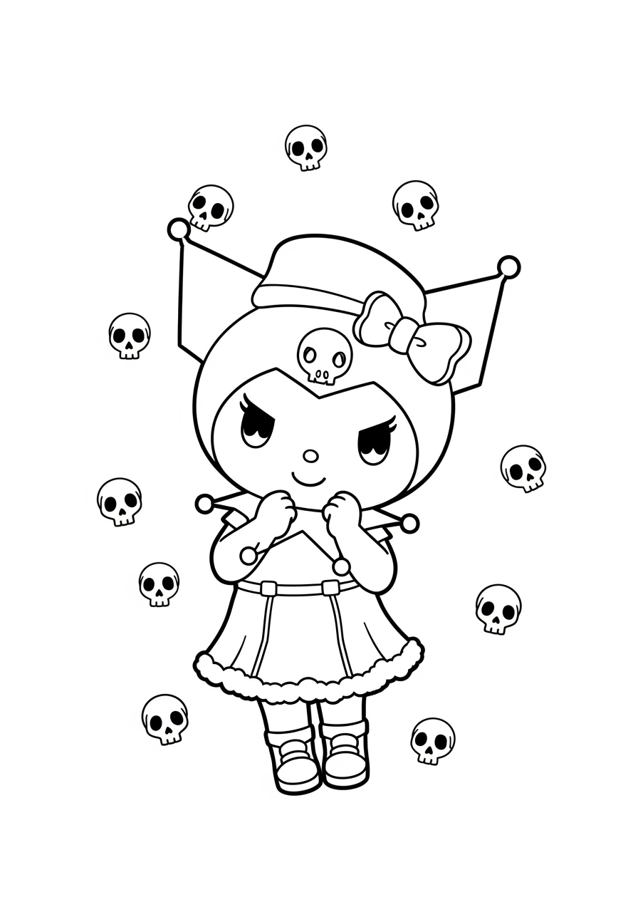 Kuromi entourée de petits crânes