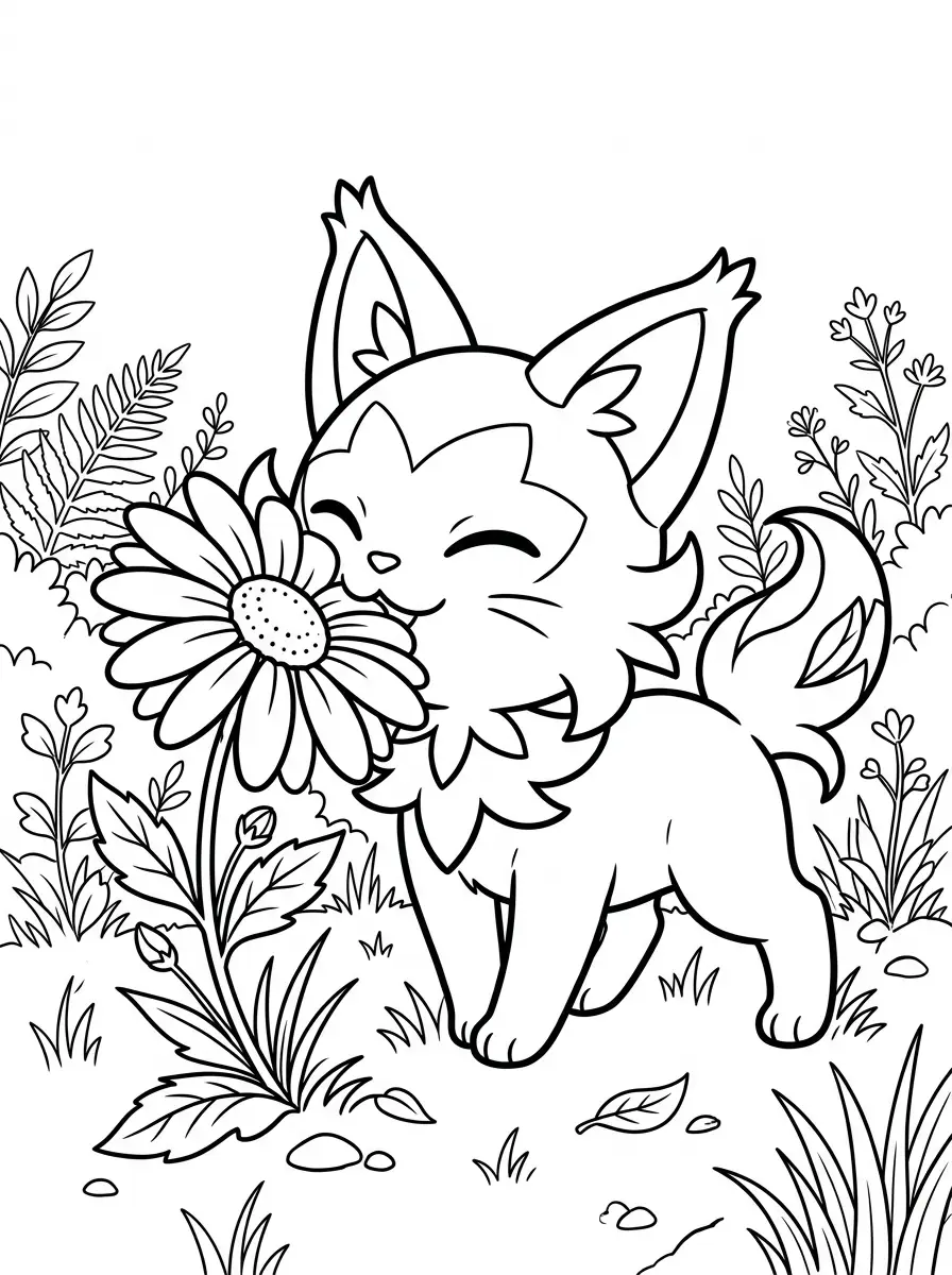 Petit Pokémon sentant une fleur