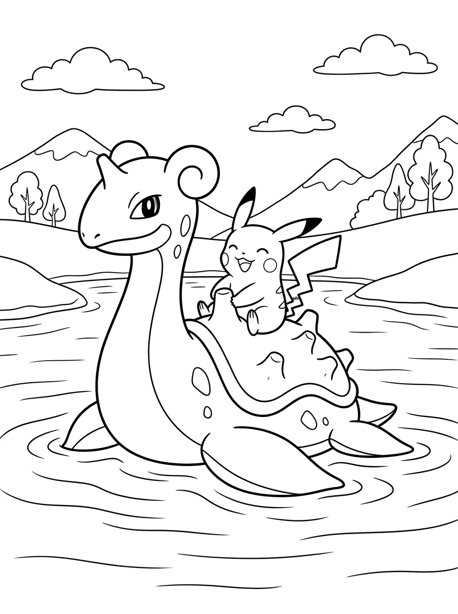 Pikachu et Lokhlass sur l'eau