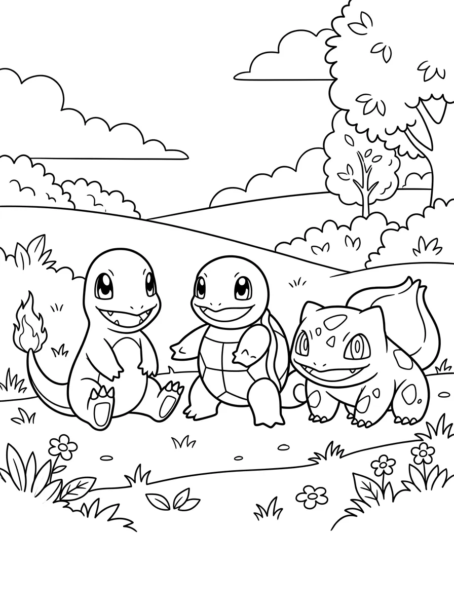 Trois amis Pokemon heureux