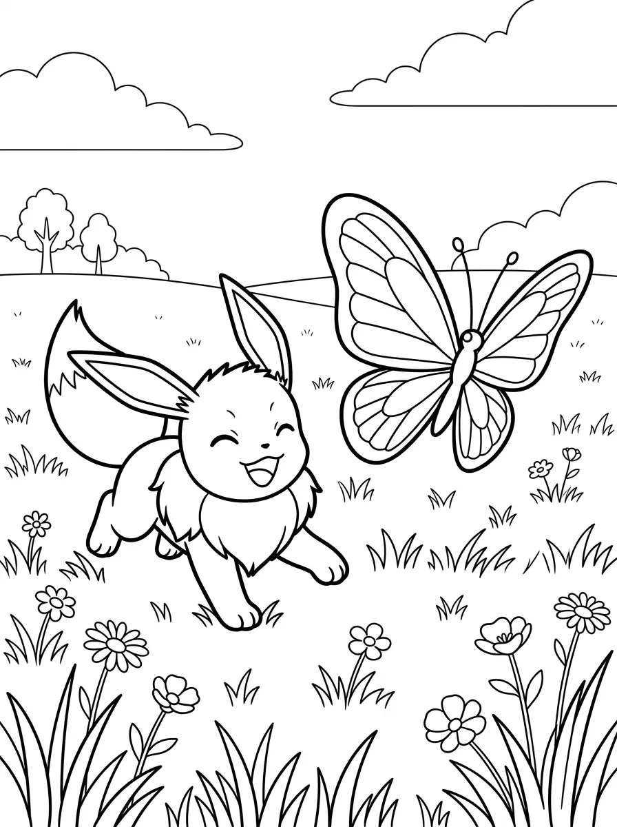 Évoli joue avec un papillon