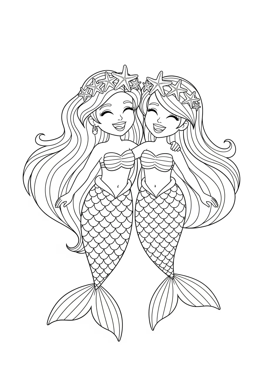 Coloriage de deux sirènes amies