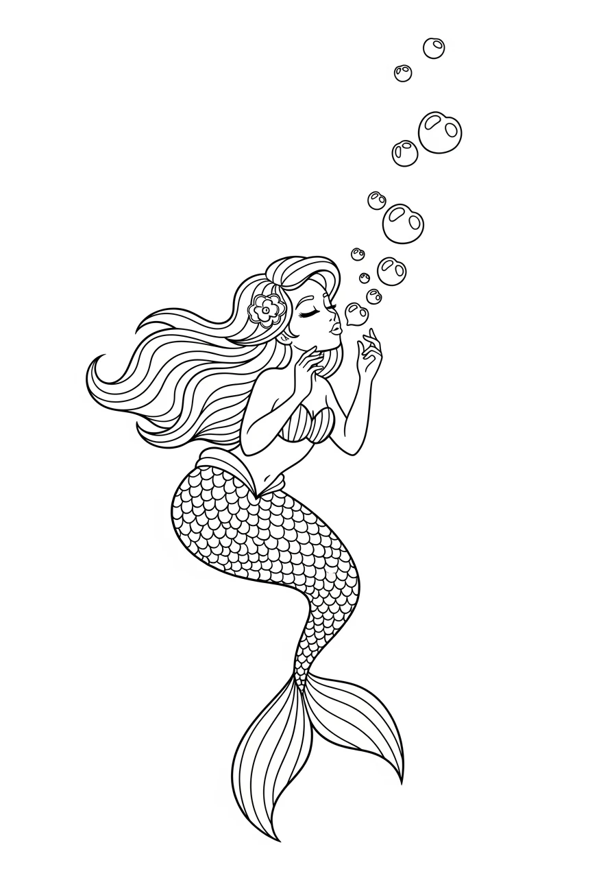 Coloriage sirène aux bulles cœurs