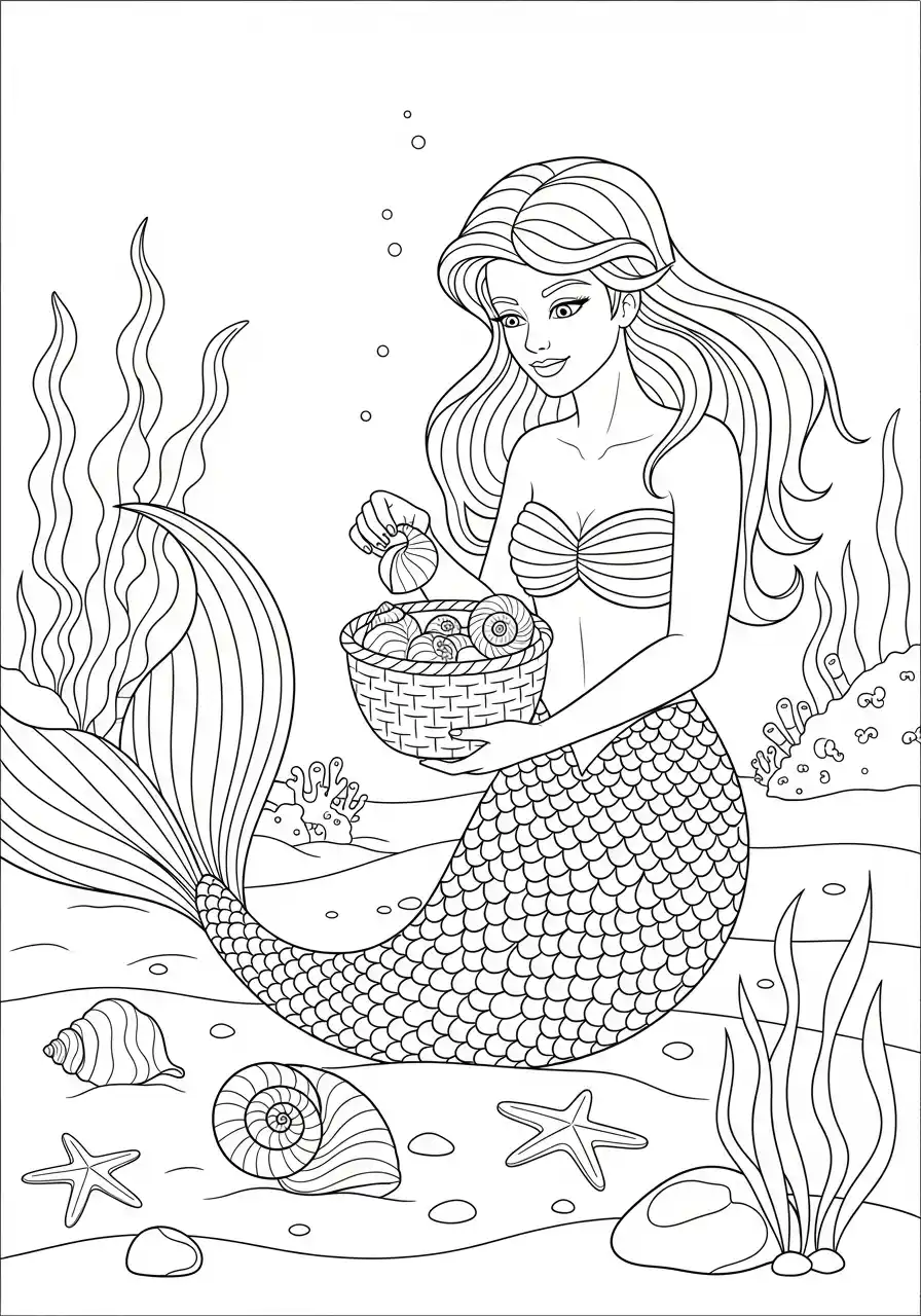 Coloriage sirène aux coquillages