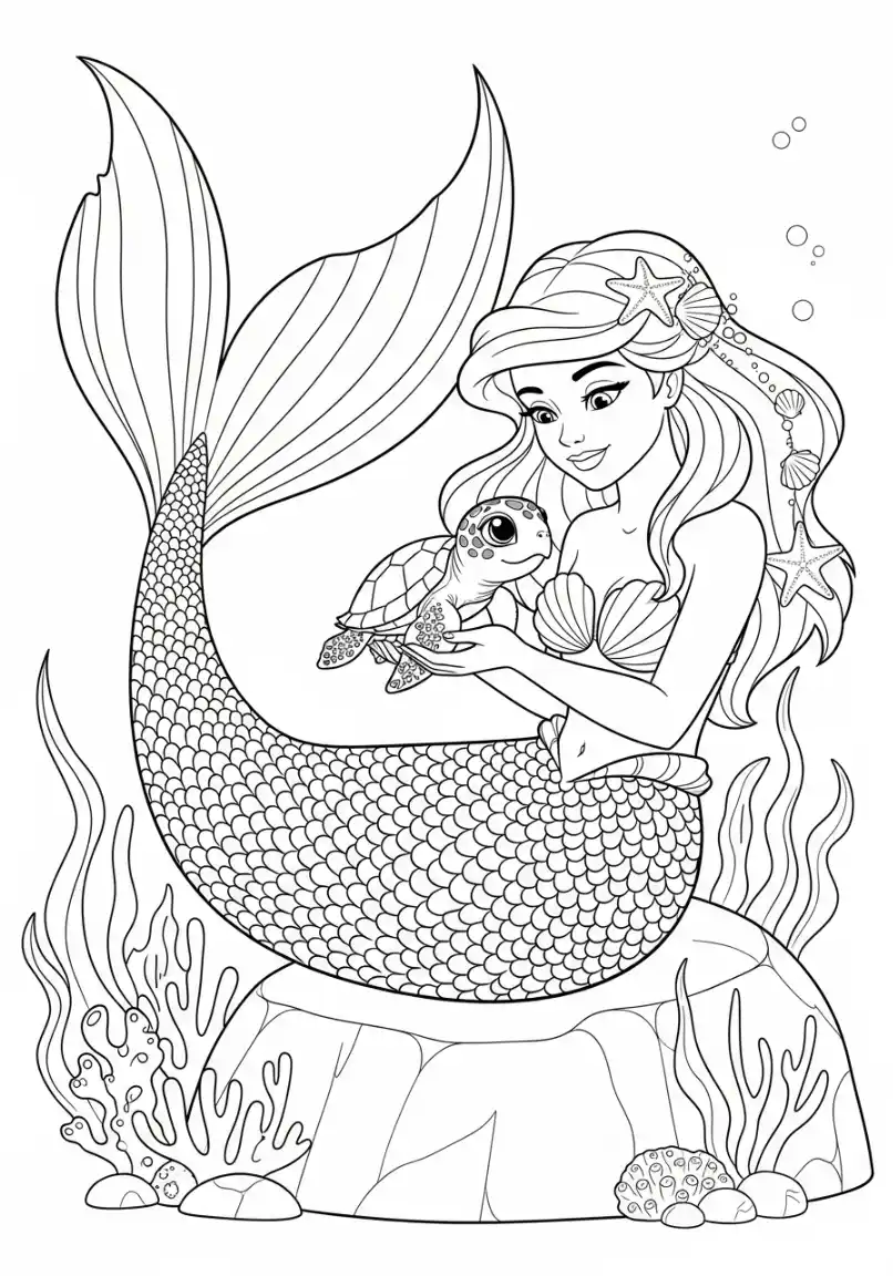 Coloriage sirène et tortue marine
