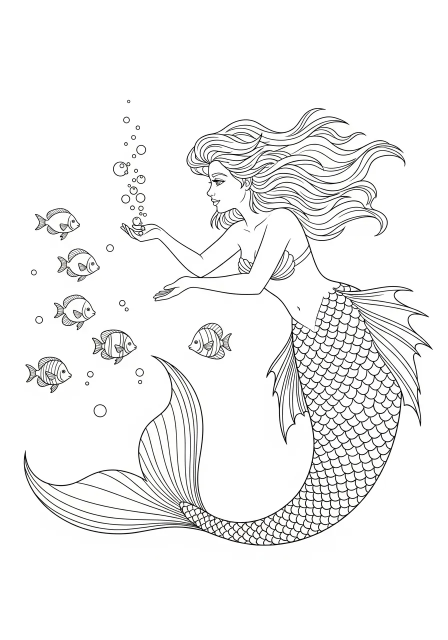 Coloriage sirène nourrissant les poissons