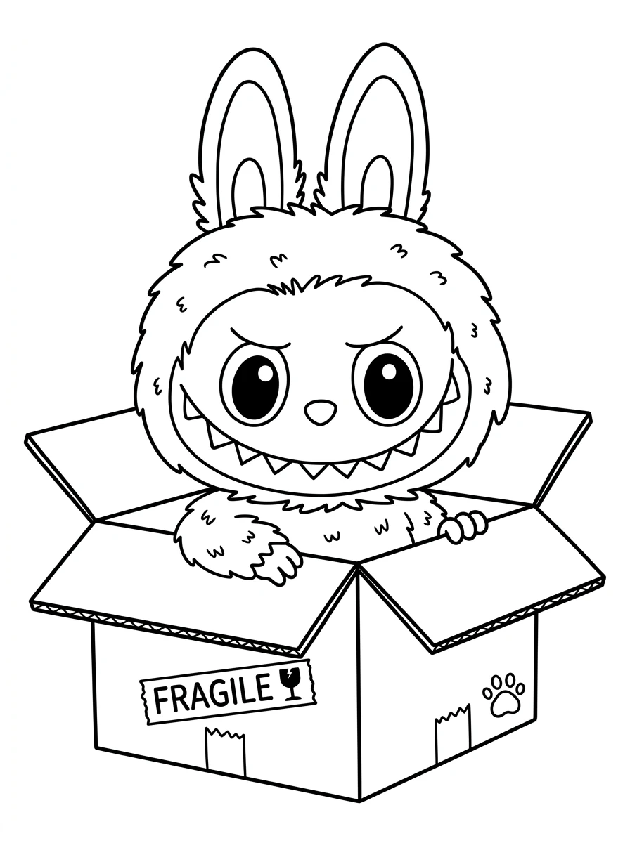 Labubu dans un carton fragile