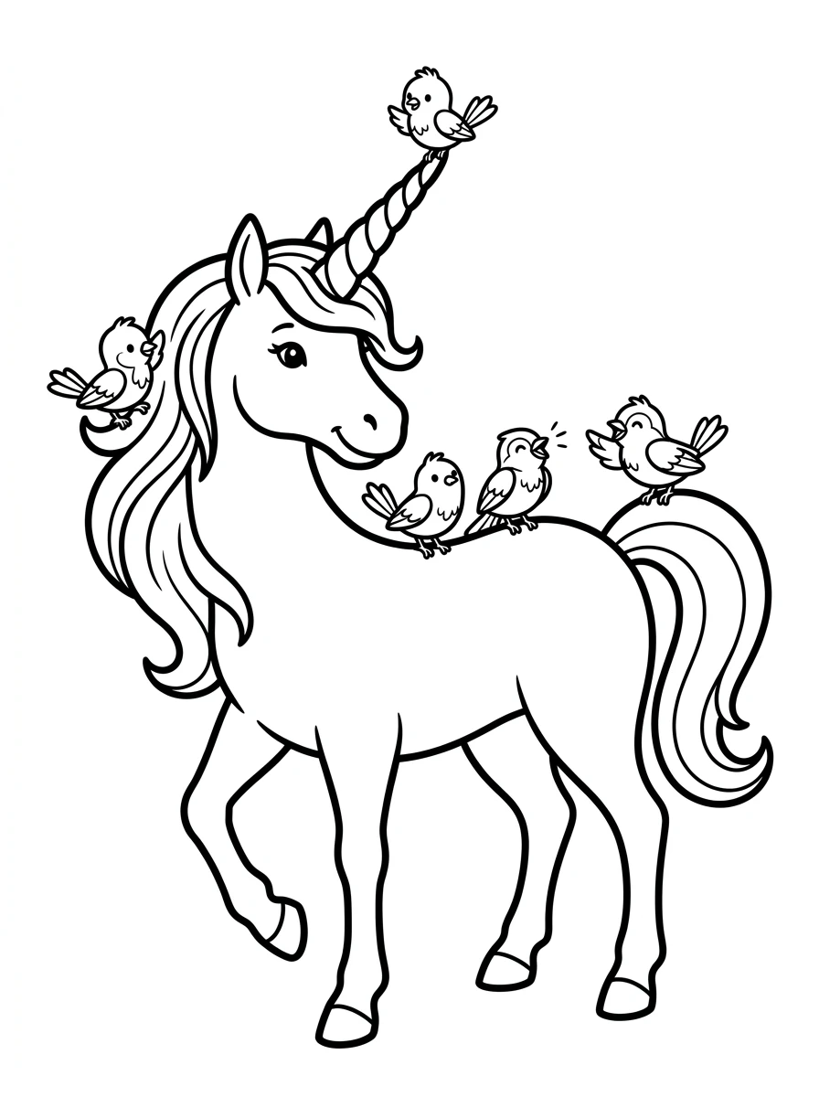 Coloriage licorne aux oiseaux