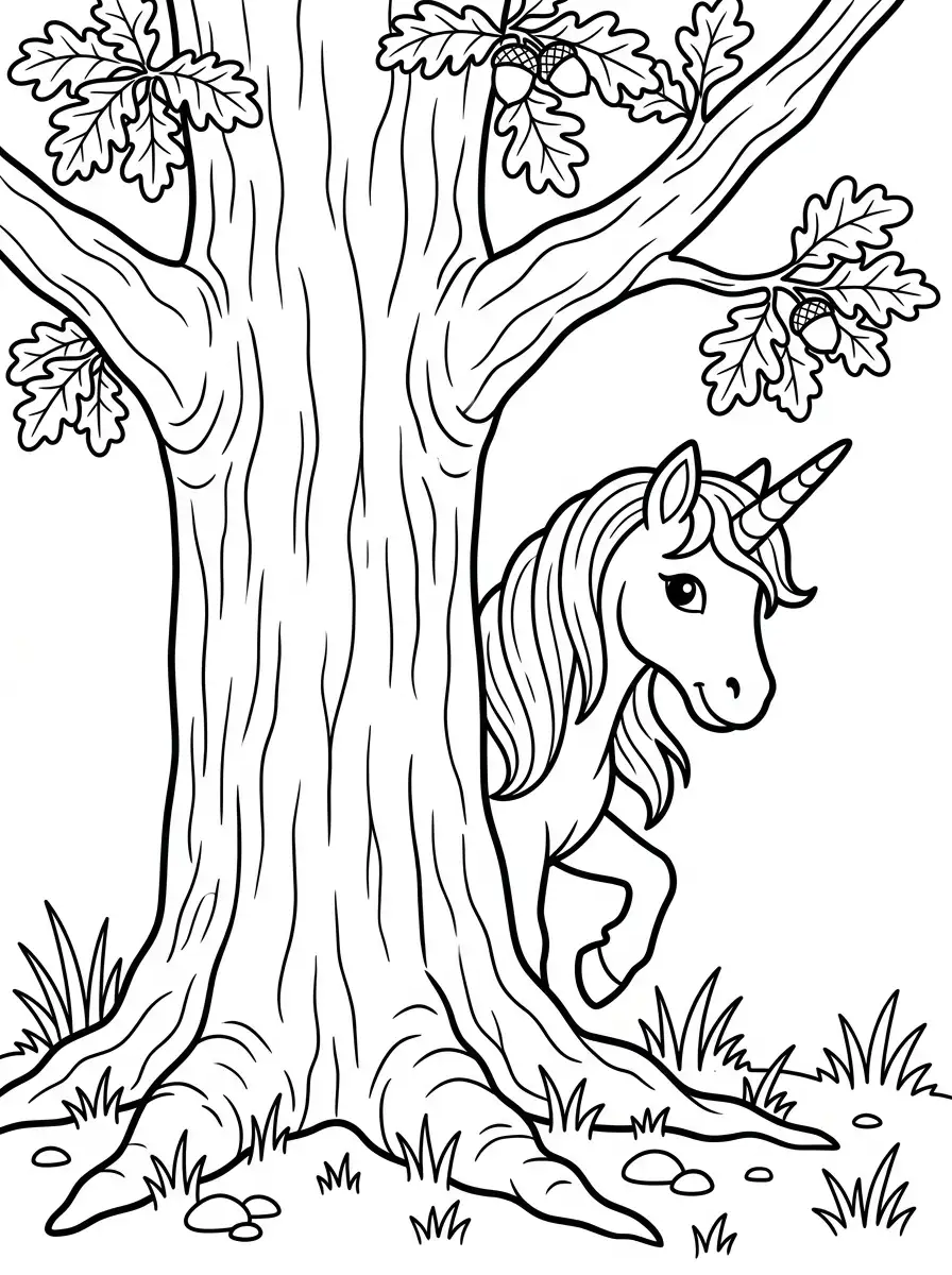 Licorne cachée derrière un arbre