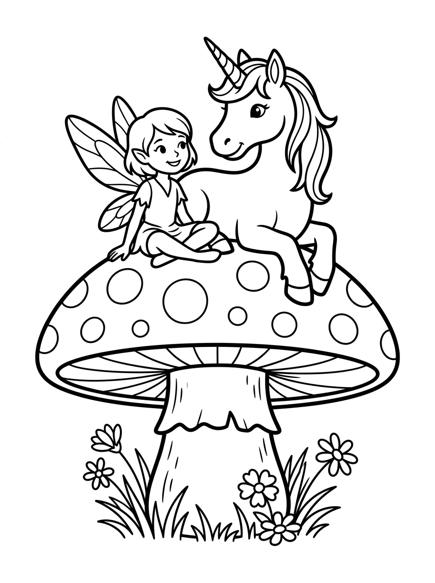 Licorne et fée sur champignon