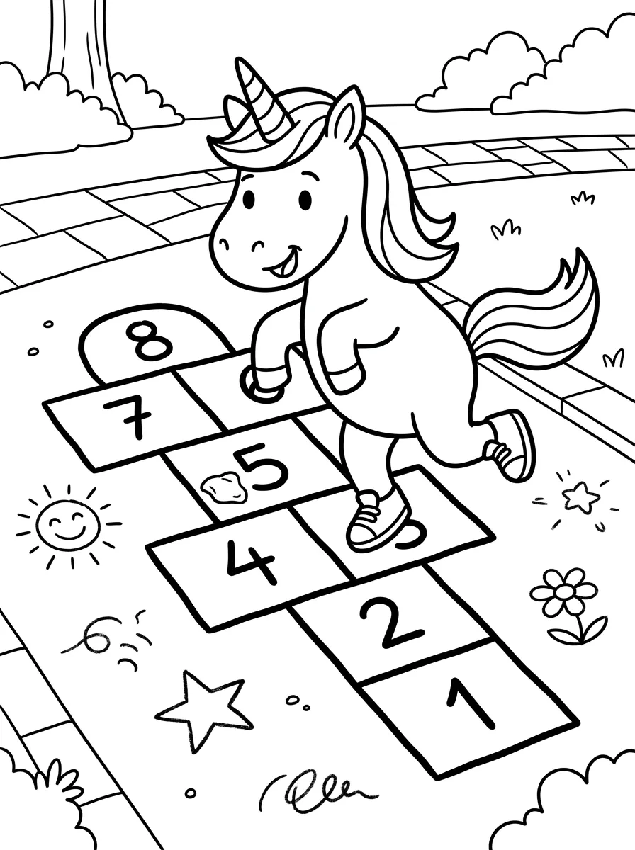 Licorne jouant à la marelle