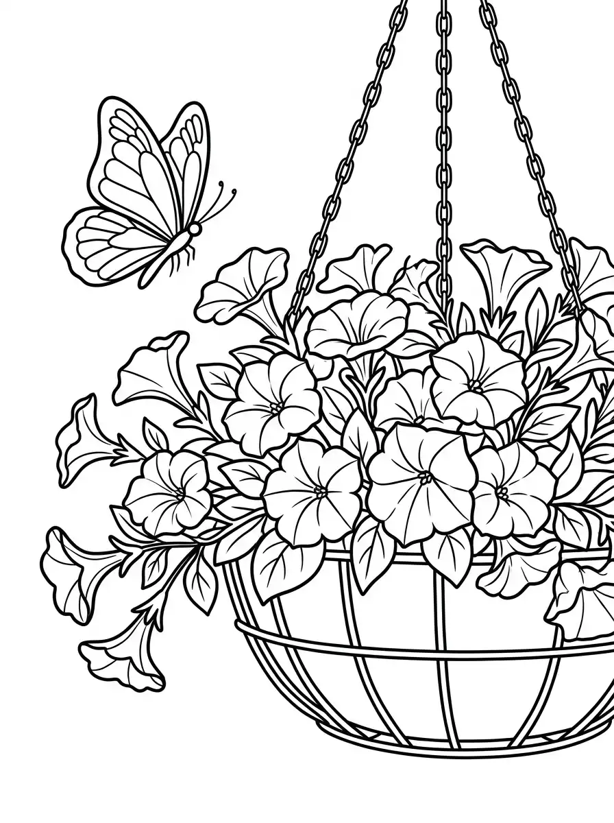Coloriage papillon et pétunias