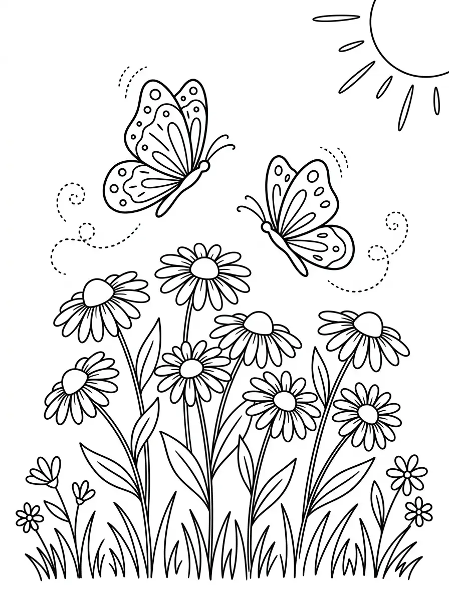 Papillon coloriage et marguerites