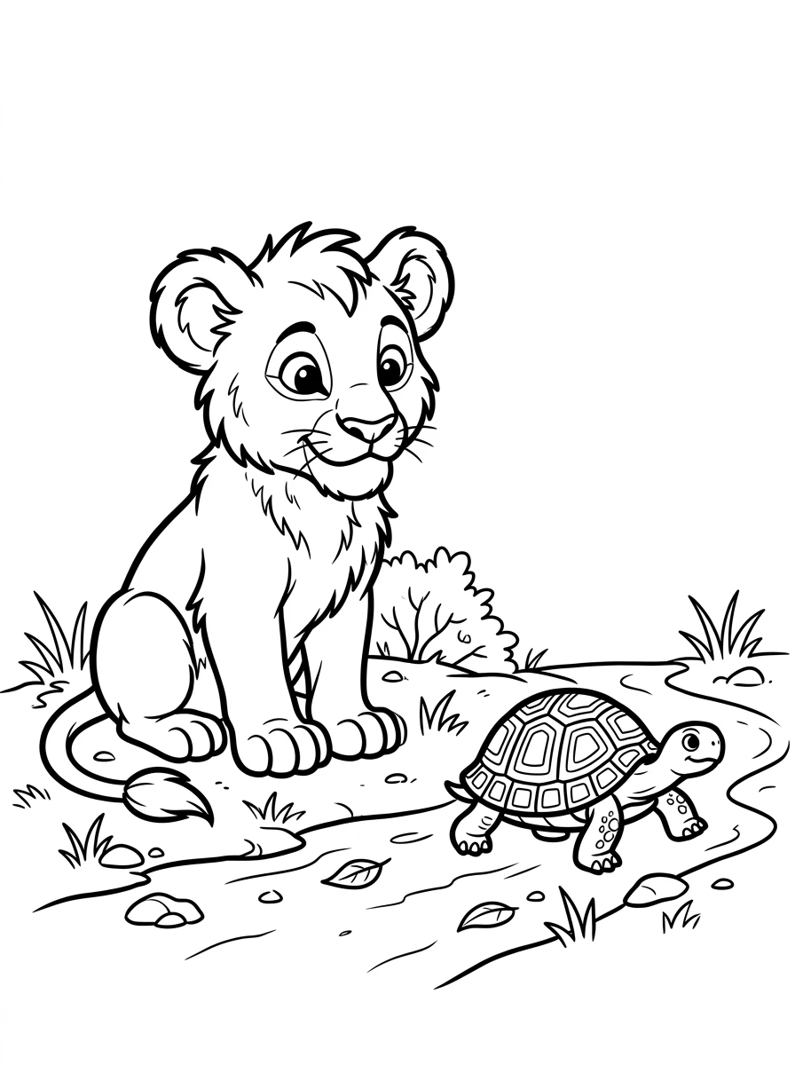 Coloriage lionceau et tortue