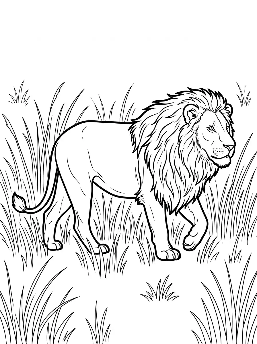 Coloriage lion dans la savane
