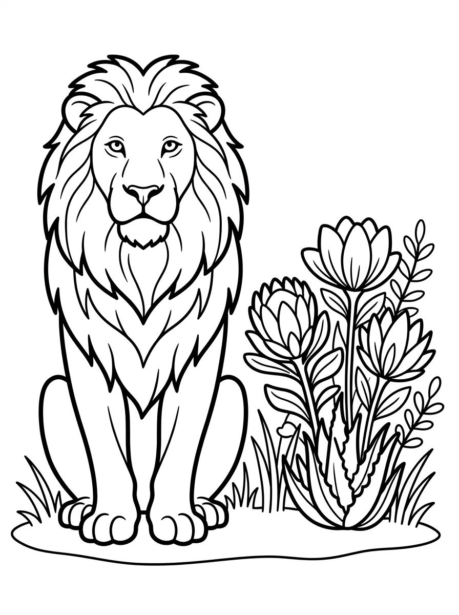Lion assis et fleurs exotiques