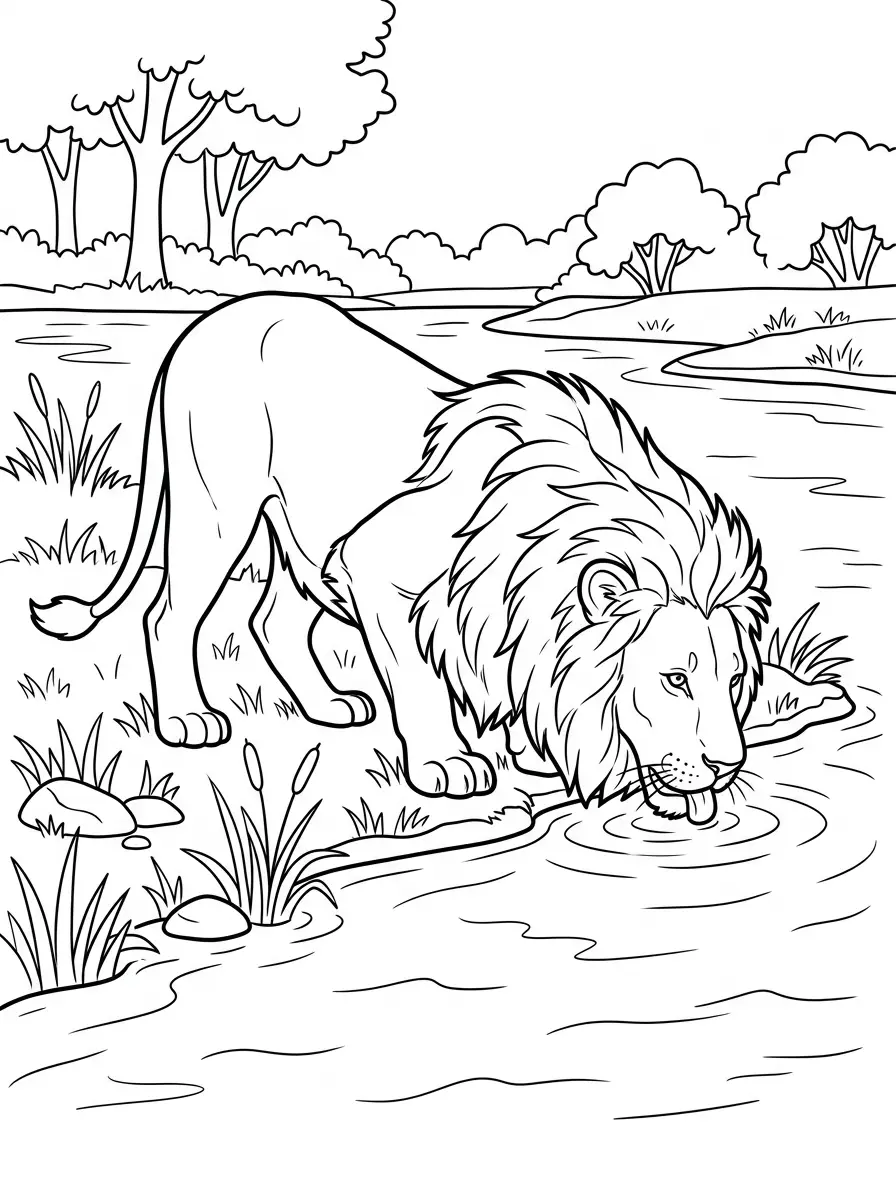Lion buvant à la rivière