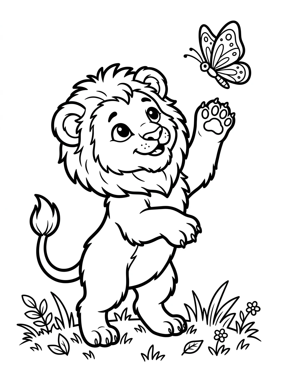 Lionceau jouant avec un papillon