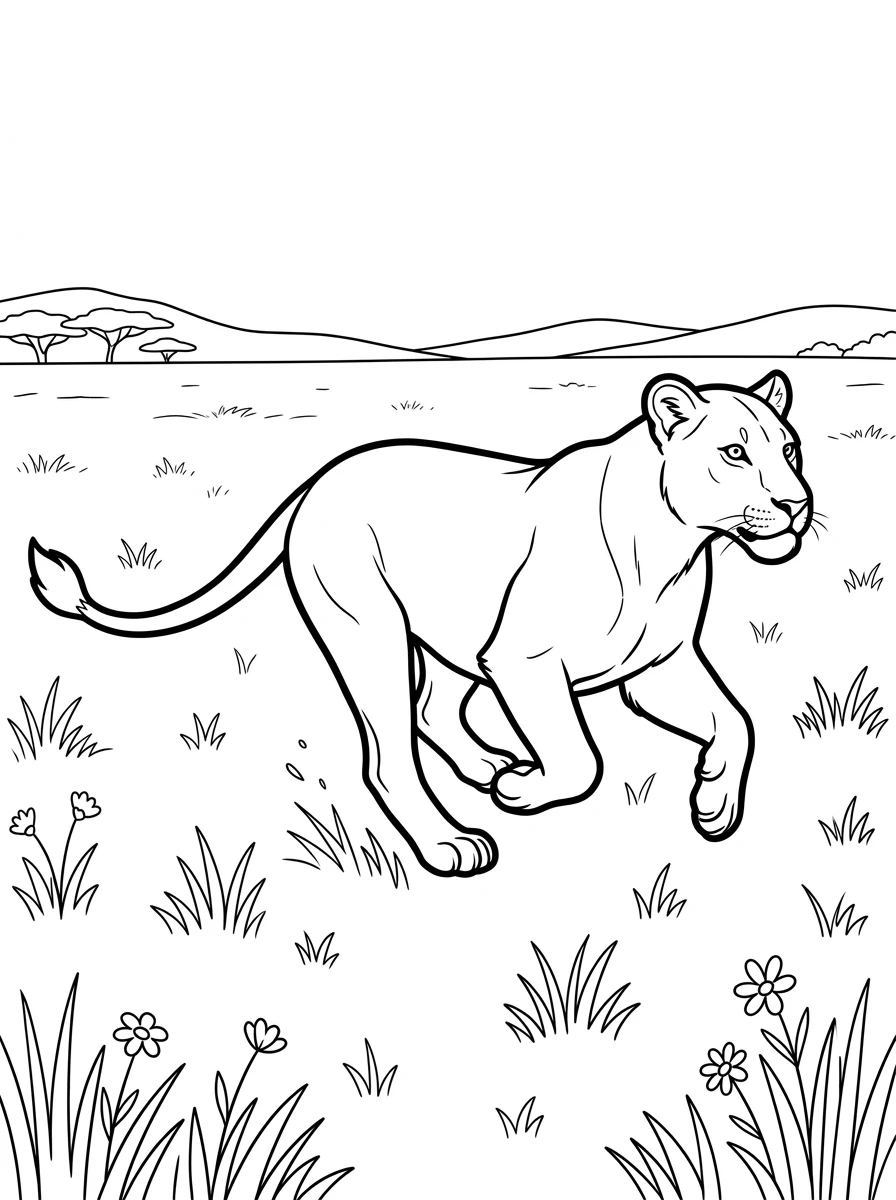 Lionne courant dans une prairie