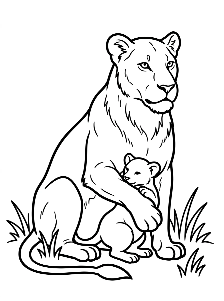 Coloriage lionne et son lionceau
