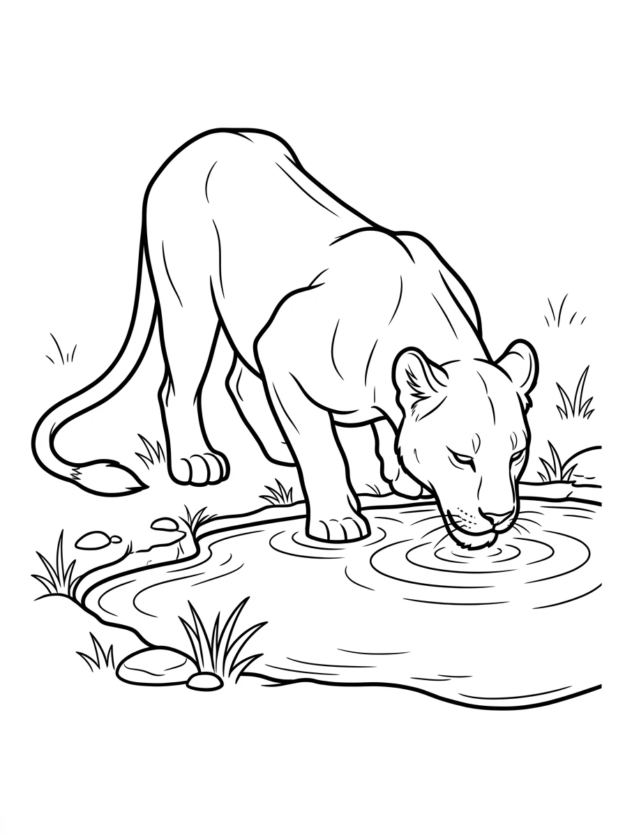 Coloriage lionne qui boit