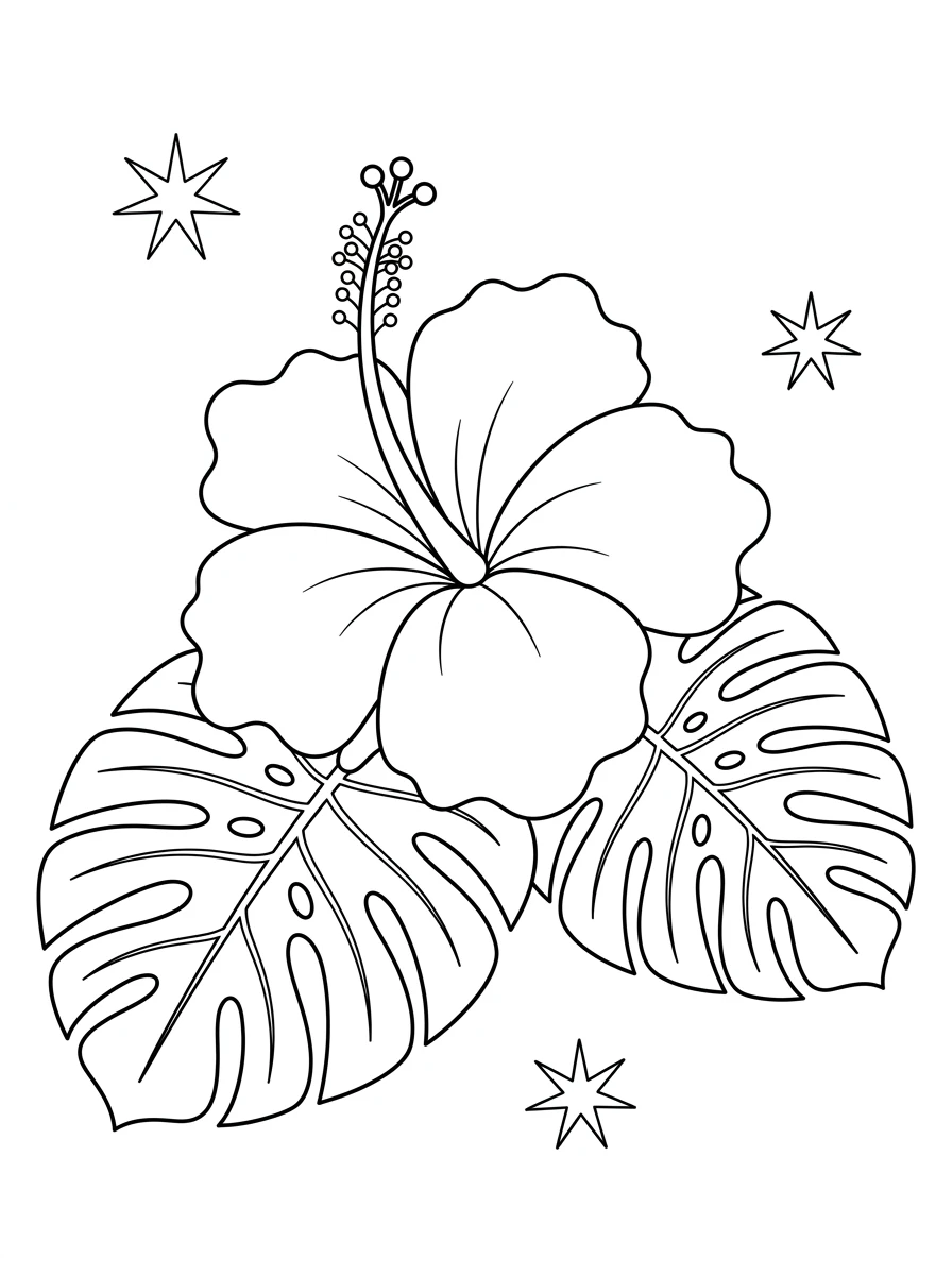 Hibiscus tropical et feuilles monstera