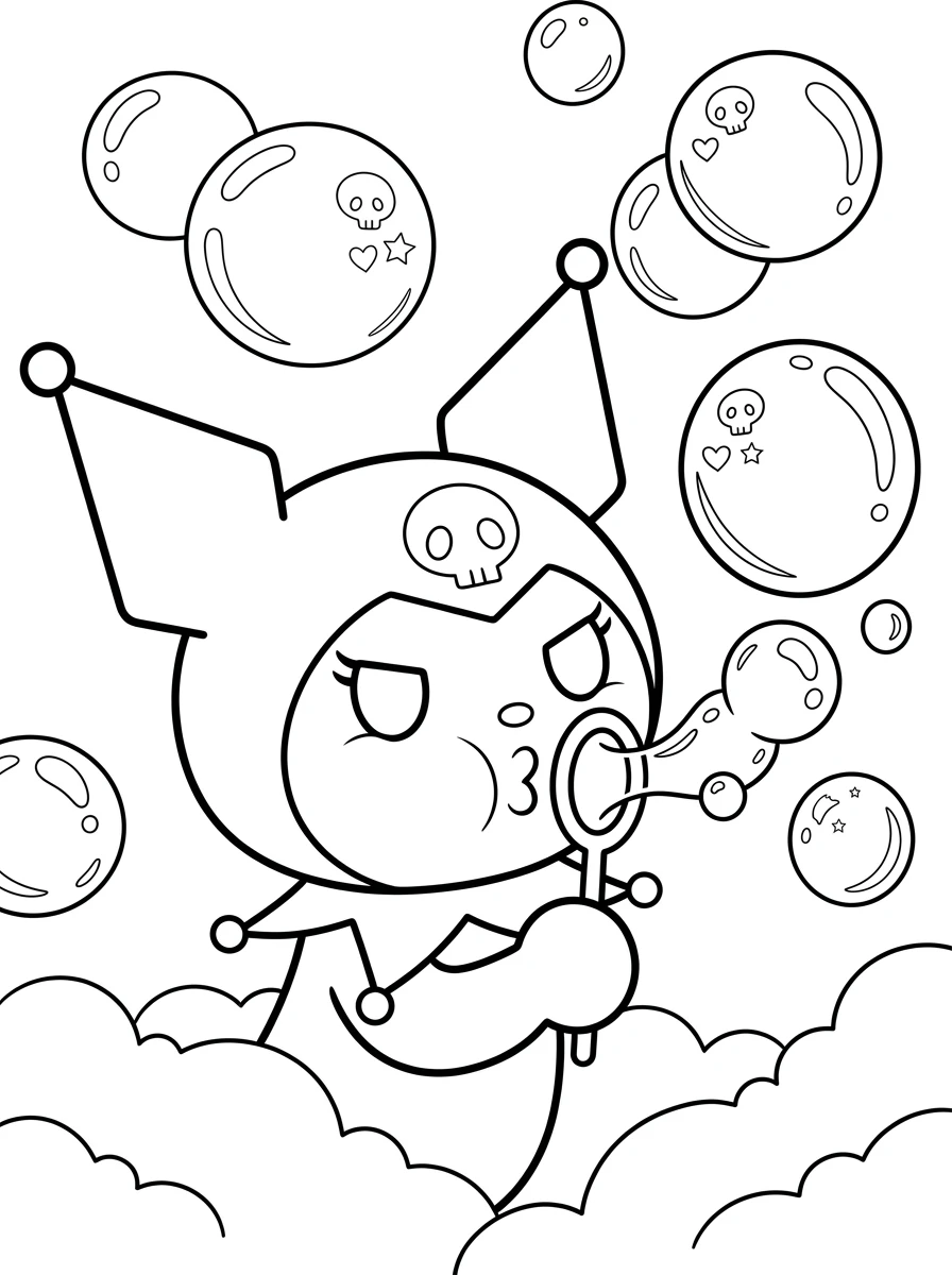 Kuromi soufflant des bulles géantes