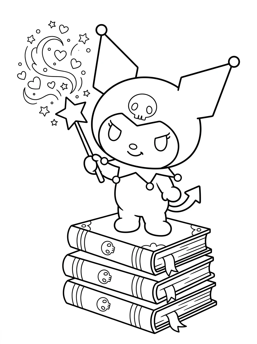 Kuromi sur des livres magiques