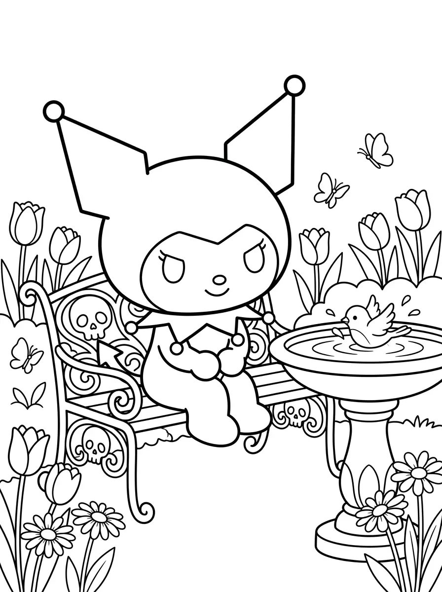 Kuromi sur un banc fleuri